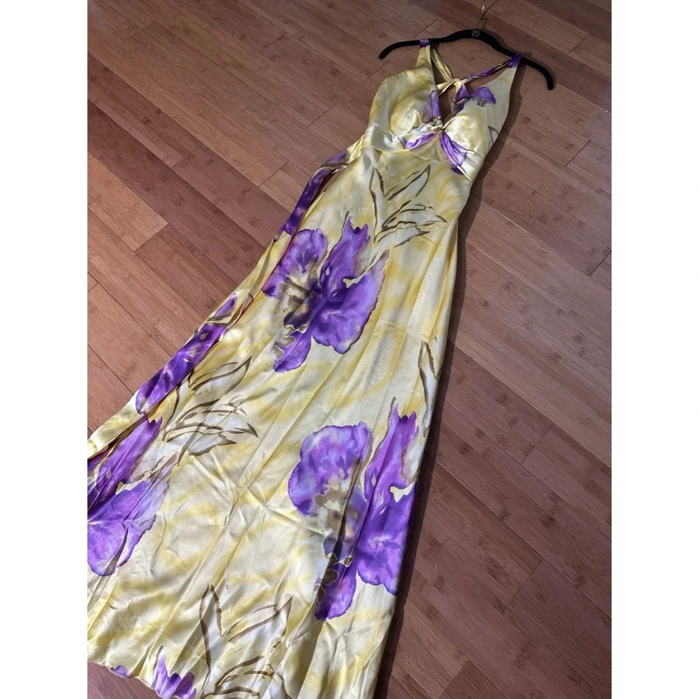 Vintage Cache Yellow Satin Halter Evening Formal Gown Floral Size 2 USA